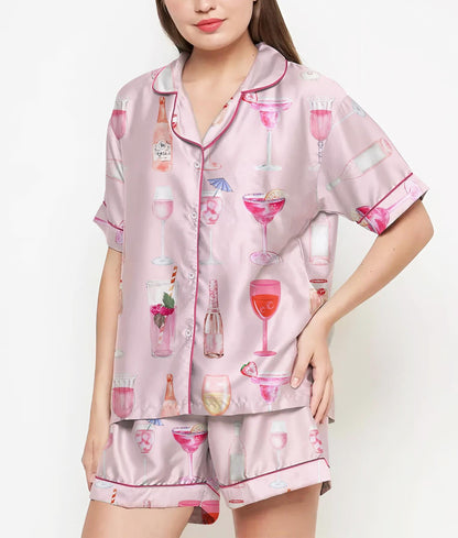 Champagne Cocktail Pajamas Satin Set, Coquette Shirt, Mother Gift, Birthday Gift,Pjs For Women, Bridesmaid Gifts, Party Gift, Pink Coquette
