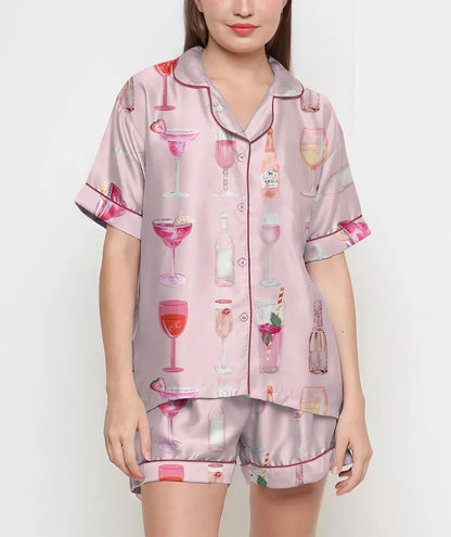 Champagne Cocktail Pajamas Satin Set, Coquette Shirt, Mother Gift, Birthday Gift,Pjs For Women, Bridesmaid Gifts, Party Gift, Pink Coquette