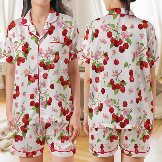 Cherry Berry Flower AOP Satin Short-Sleeve Pajamas Set, Cute Floral Fruit Print Sleepwear, Summer Loungewear Gift