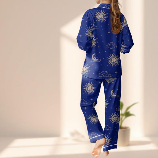 Celestial Moon And Sun Satin Pajamas Set, Mystical Night Sky Women Sleepwear, Dark Blue Astrology Pjs, Cozy Loungewear, Funny  Gift
