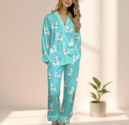 Cute Llama Satin Pajamas Set, Funny Alpaca Women Sleepwear, Turquoise Button Up Pjs, Cozy Animal Matching Pajamas Set, Gift For Her