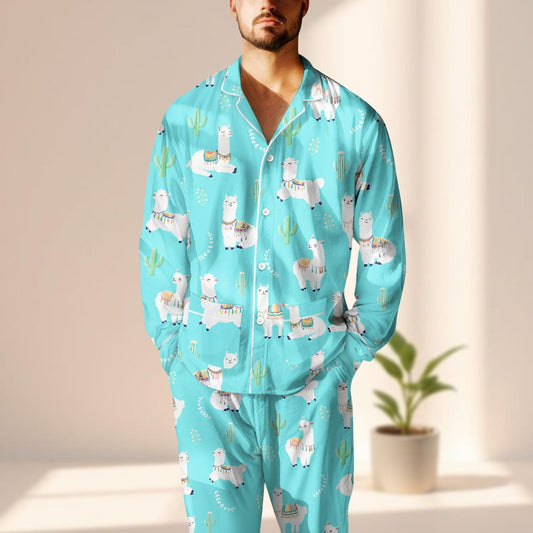 Cute Llama Satin Pajamas Set, Funny Alpaca Women Sleepwear, Turquoise Button Up Pjs, Cozy Animal Matching Pajamas Set, Gift For Her