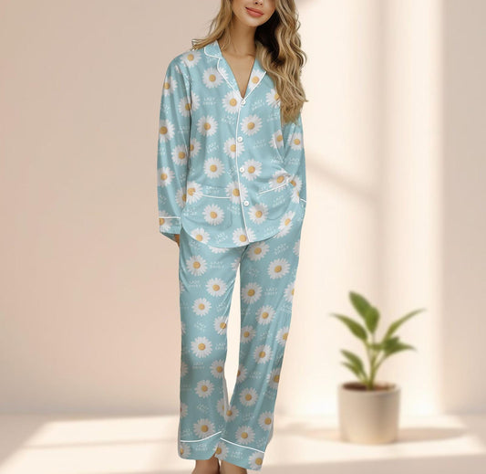 Lazy Daisy Satin Pajamas Set, Cute Floral Sleepwear With Daisies, Light Blue Button Up Pjs, Cozy Spring Loungewear, Gift For Her
