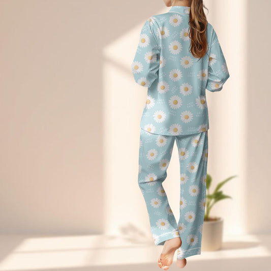 Lazy Daisy Satin Pajamas Set, Cute Floral Sleepwear With Daisies, Light Blue Button Up Pjs, Cozy Spring Loungewear, Gift For Her