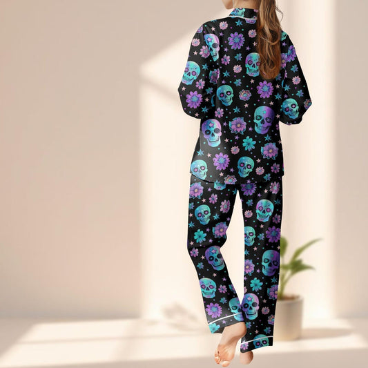 Sugar Skull Satin Pajamas Set, Day Of The Dead Sleepwear, Gothic Halloween Pjs, Purple Floral Skull Loungewear, Funny Gift For Her