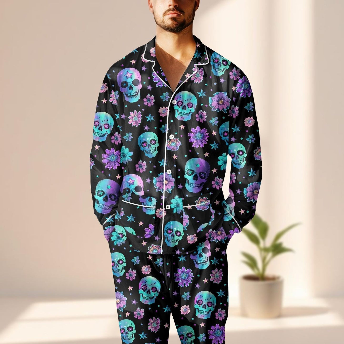 Sugar Skull Satin Pajamas Set, Day Of The Dead Sleepwear, Gothic Halloween Pjs, Purple Floral Skull Loungewear, Funny Gift For Her