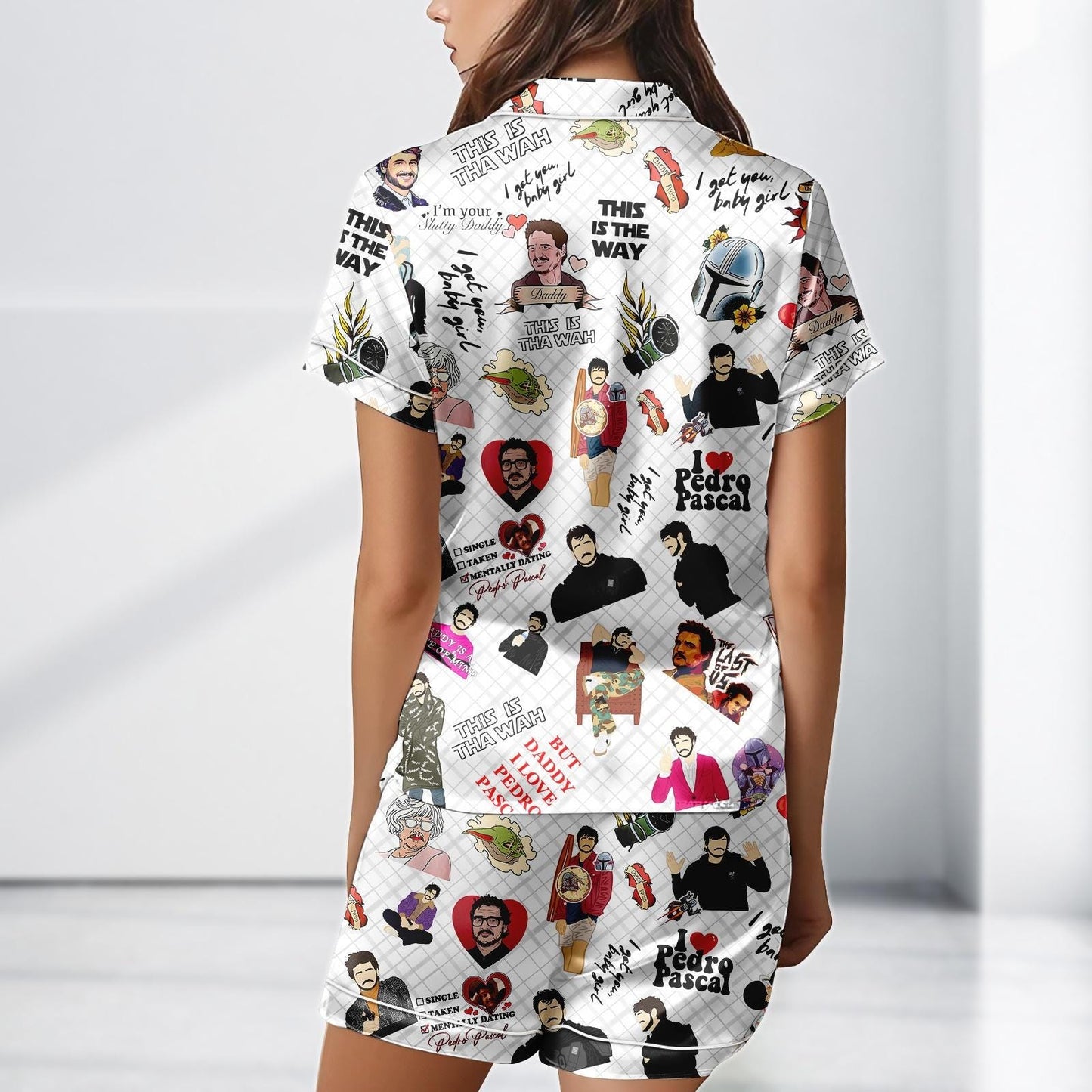 Pedro Pascal Meme Satin Pajamas, Funny Satin Sleepwear with Quotes, Star Daddy Shorts Set, Gift for Pascal Fans