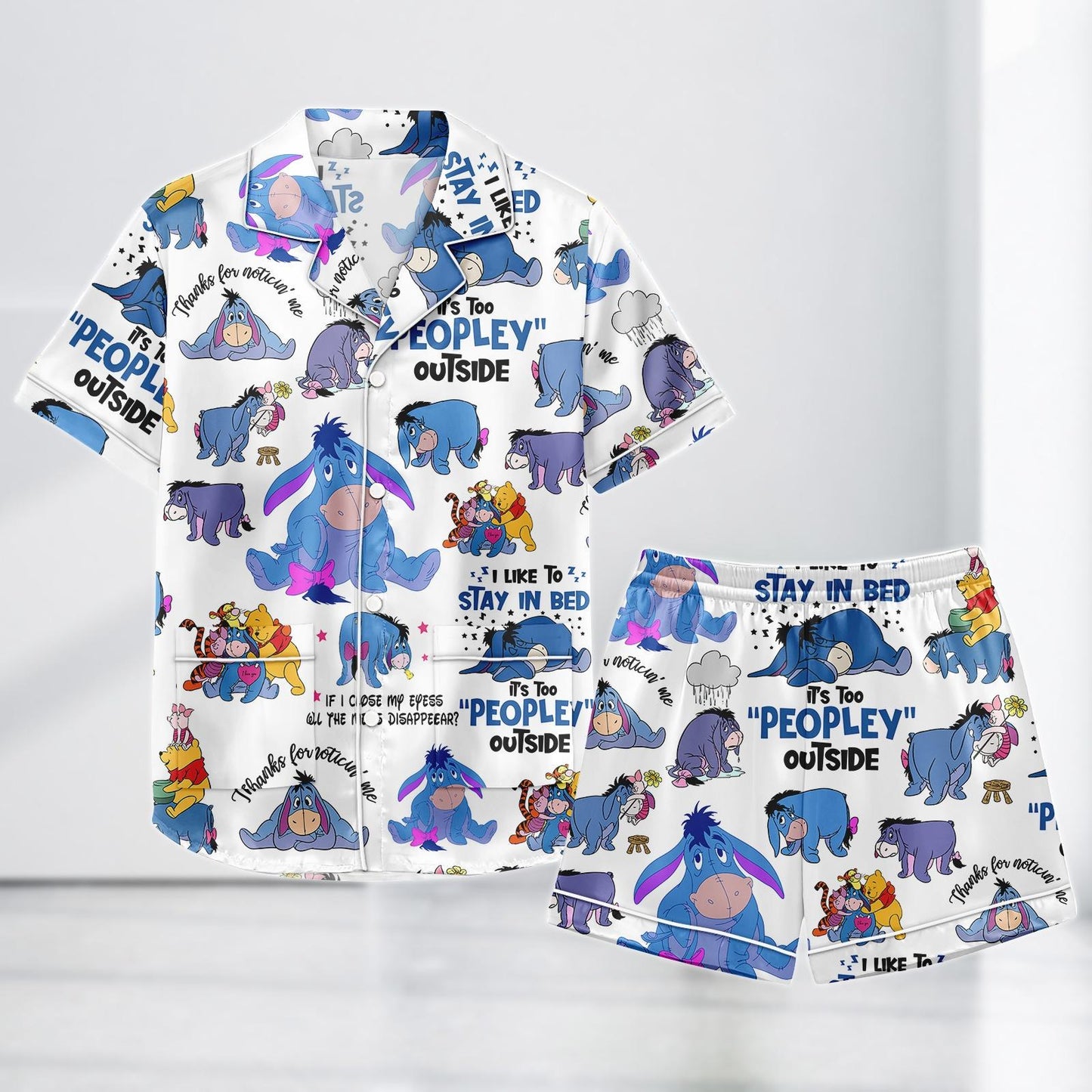 Eeyore Funny Satin Pajamas Set for Women, It's Too Peopley Outside, Winnie the Pooh Sleepwear, Summer Shorts Gift for Fans