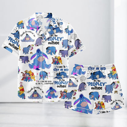 Eeyore Funny Satin Pajamas Set for Women, It's Too Peopley Outside, Winnie the Pooh Sleepwear, Summer Shorts Gift for Fans