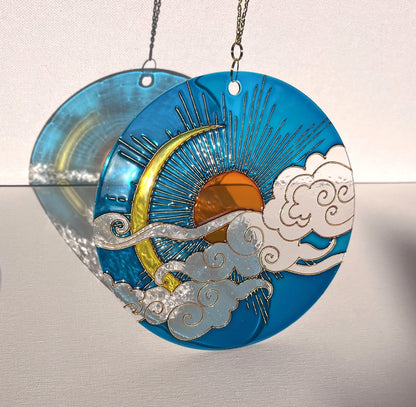 Set of 3 Stained glass Suncatchers Sun Moon Cloud Window decor Painting on acrylic
