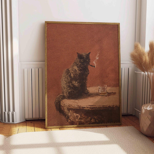 Black Cat Smoking a Cigarette Print Vintage Oil Painting Funny Animal Art Whimsical Wall Art Poster for Bar Cart Quirky Kitchen Wall Decor