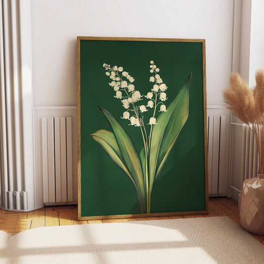 Vintage Lily of the Valley Drawing Print Emerald Green Rustic Farmhouse Decor May Birth Flower Gift  Minimalist Flowery Botanical Wall Art