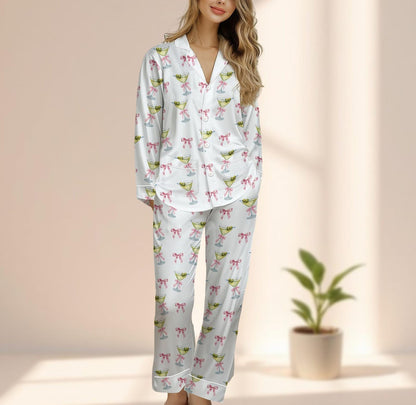Pink Bow Martini Satin Pajama Set, Cute Cocktail Drink Women Sleepwear, Coquette Aesthetic Loungewear, Cute Matching Pjs, Funny Gift