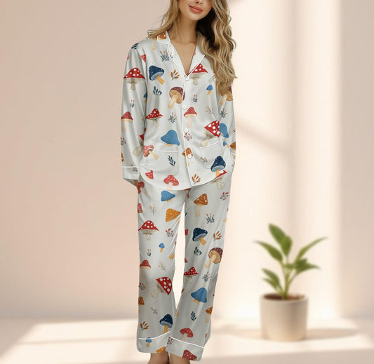Colorful Mushroom Satin Pajama Set For Women, Cottagecore Fungi Sleepwear, Cozy Botanical Loungewear, Nature Matching Pjs, Gift For Her