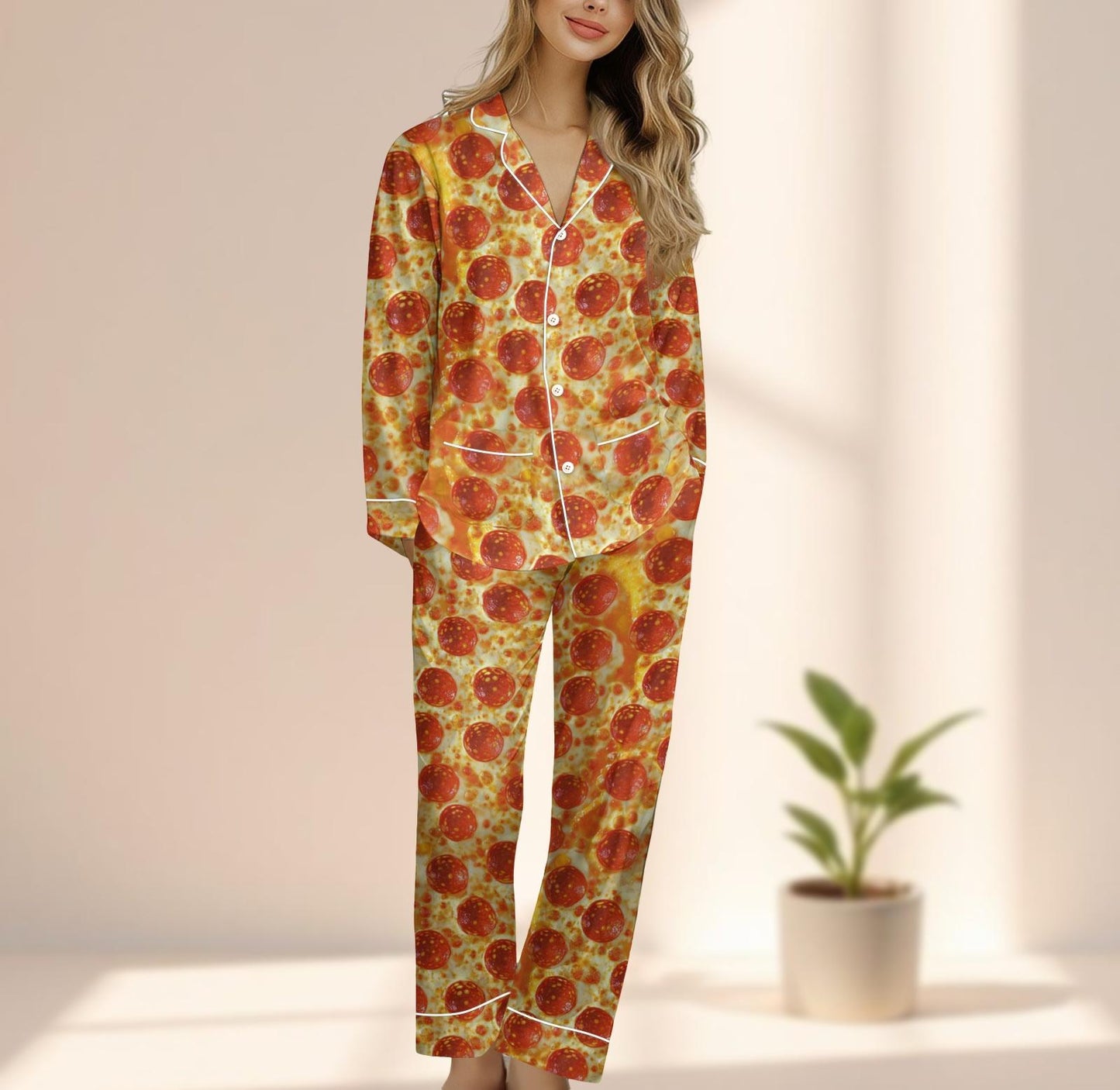 Funny Pizza Satin Pajama Set, Pepperoni Pizza Women Sleepwear, Food Lover Loungewear, Comfy Matching Pajamas Set, Gift For Her