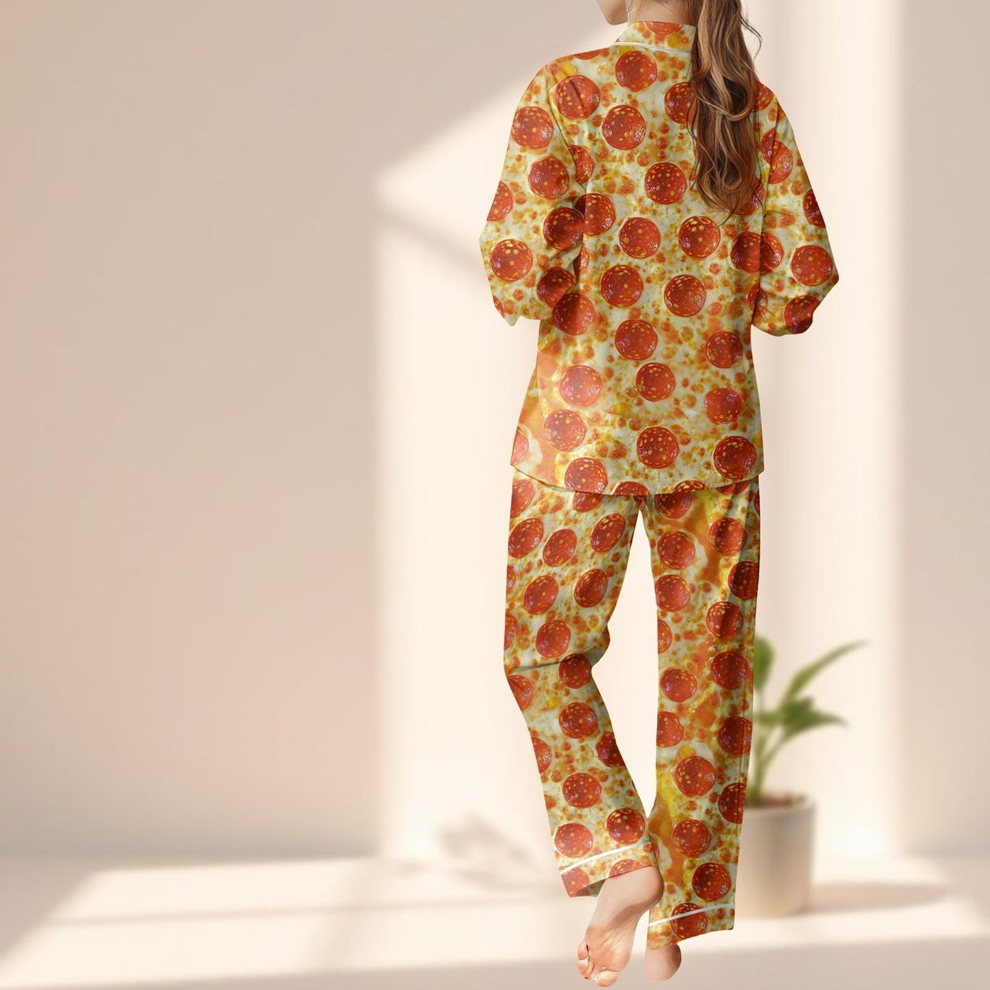 Funny Pizza Satin Pajama Set, Pepperoni Pizza Women Sleepwear, Food Lover Loungewear, Comfy Matching Pajamas Set, Gift For Her