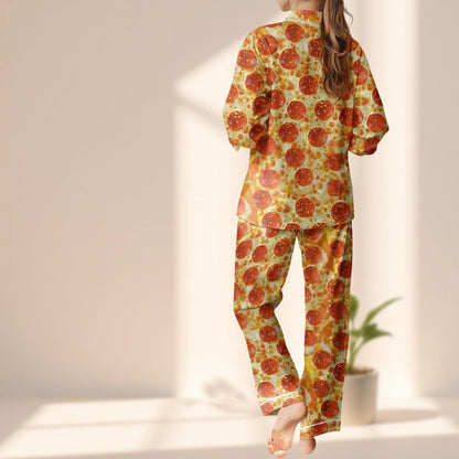 Funny Pizza Satin Pajama Set, Pepperoni Pizza Women Sleepwear, Food Lover Loungewear, Comfy Matching Pajamas Set, Gift For Her