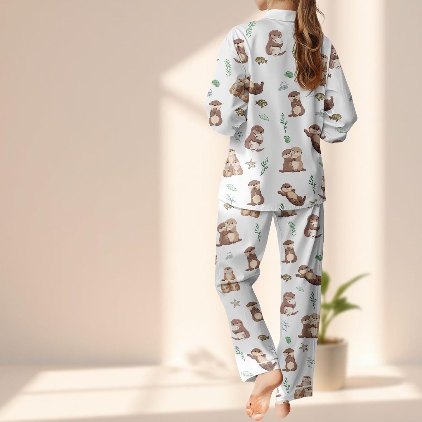 Cute Otter Satin Pajama Set, Kawaii Animal Sleepwear, Long Sleeve Button Up Loungewear, Cozy Matching Pj Set, Gift Idea For Her