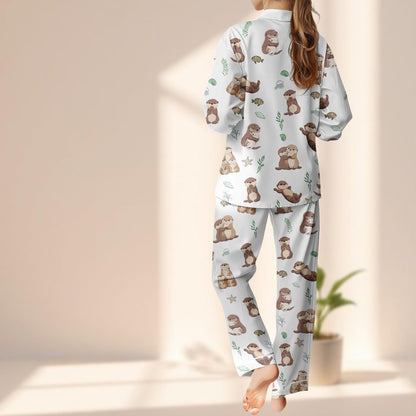 Cute Otter Satin Pajama Set, Kawaii Animal Sleepwear, Long Sleeve Button Up Loungewear, Cozy Matching Pj Set, Gift Idea For Her
