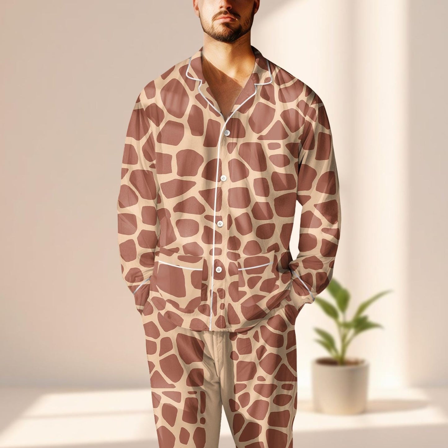 Giraffe Print Satin Pajama Set, Animal Skin Pattern Women Sleepwear, Wild Safari Lounge Set, Cozy Matching Pajamas Set, Gift For Her