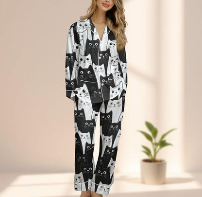 Black Cat Satin Pajama Set For Women, Cute Halloween Sleepwear, Kawaii Kitty Loungewear, Cat Lovers Matching Pajamas Set, Cozy Gift