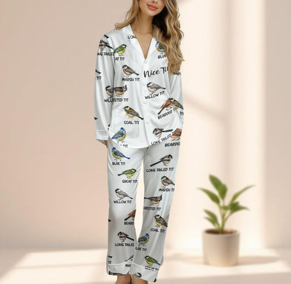 Funny Nice Tits Bird Satin Pajama Set, Blue Tit Bird Sleepwear, Hilarious Animal Loungewear, Naughty Matching Pjs, Gift For Her