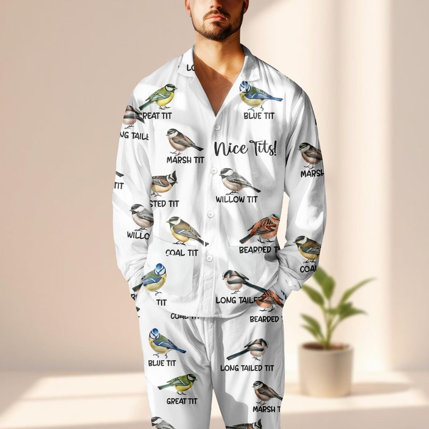Funny Nice Tits Bird Satin Pajama Set, Blue Tit Bird Sleepwear, Hilarious Animal Loungewear, Naughty Matching Pjs, Gift For Her