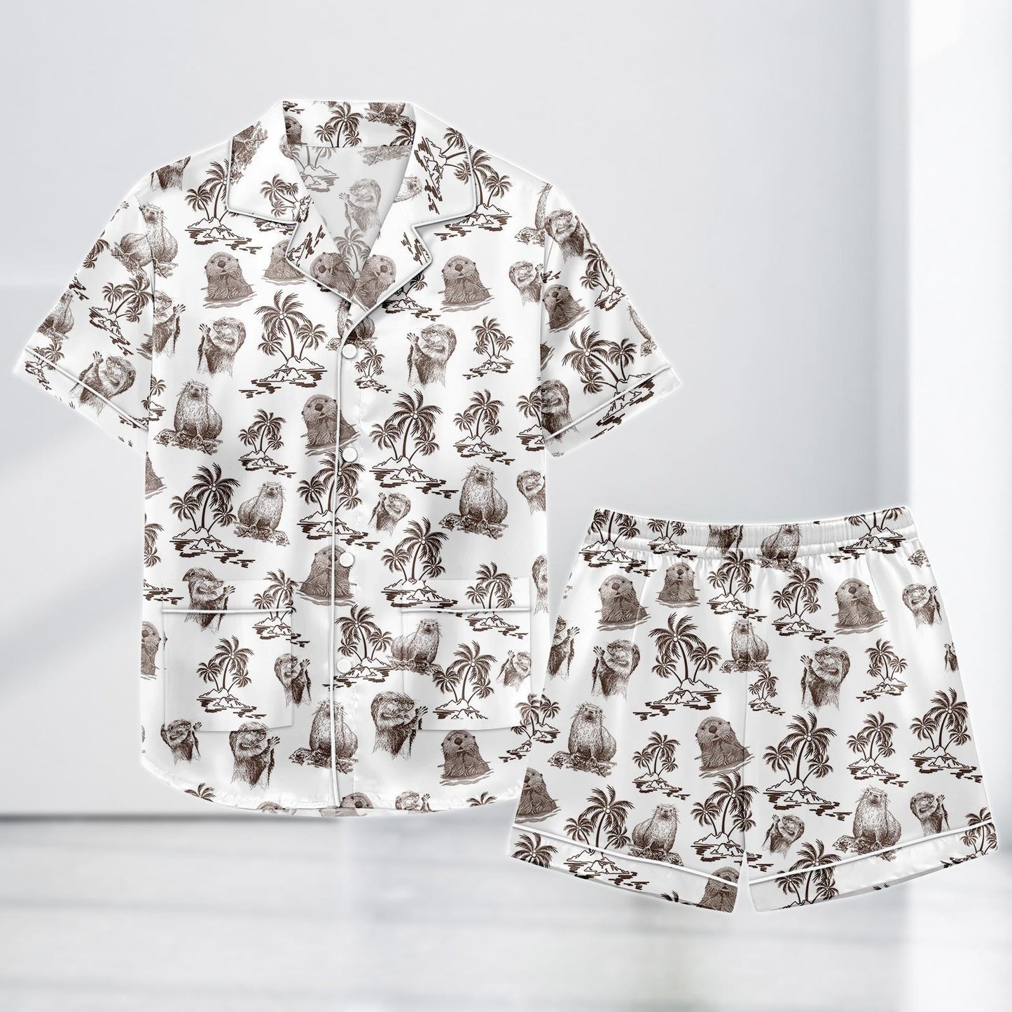 Sea Otter Tropical Satin Pajamas, Cute Otter Island Print Sleepwear, Summer Ocean Animal Lounge Set, Pajamas Satin Short