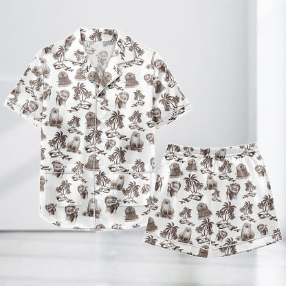 Sea Otter Tropical Satin Pajamas, Cute Otter Island Print Sleepwear, Summer Ocean Animal Lounge Set, Pajamas Satin Short