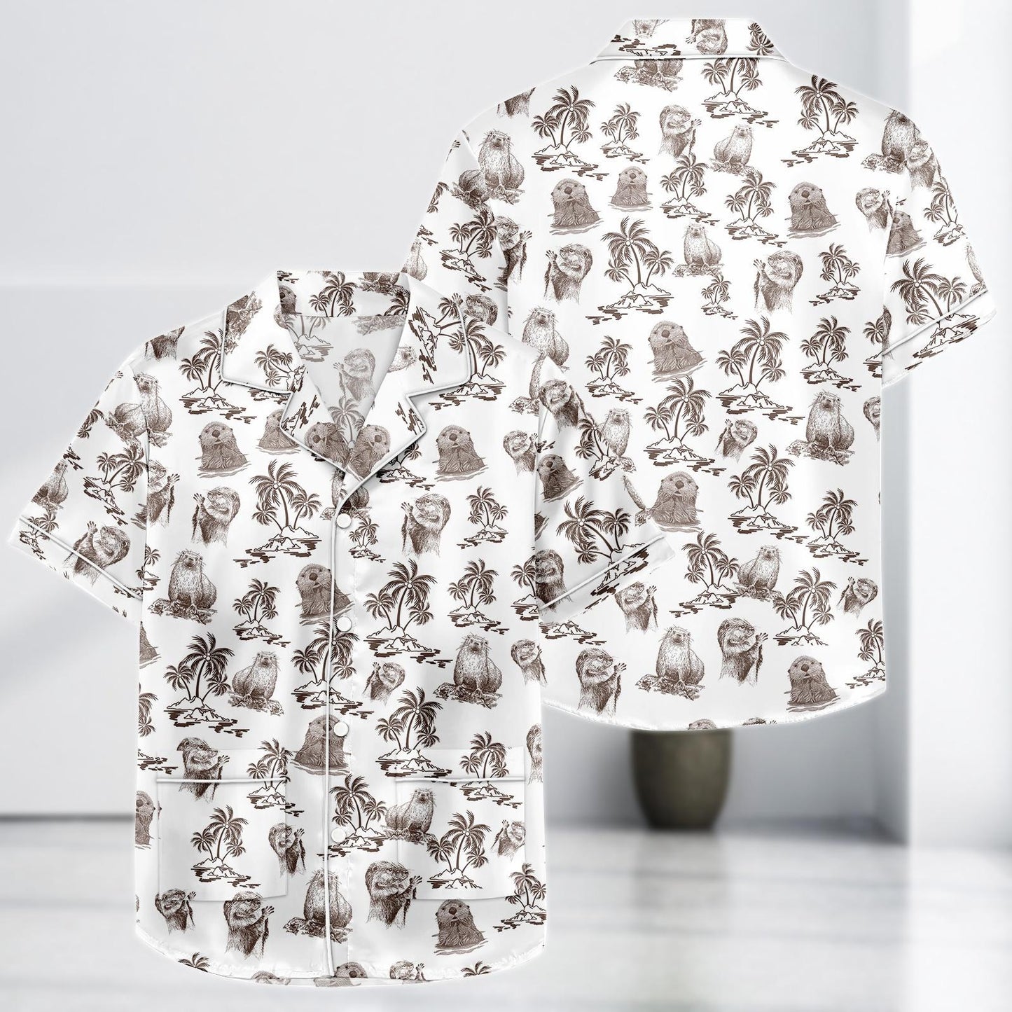 Sea Otter Tropical Satin Pajamas, Cute Otter Island Print Sleepwear, Summer Ocean Animal Lounge Set, Pajamas Satin Short