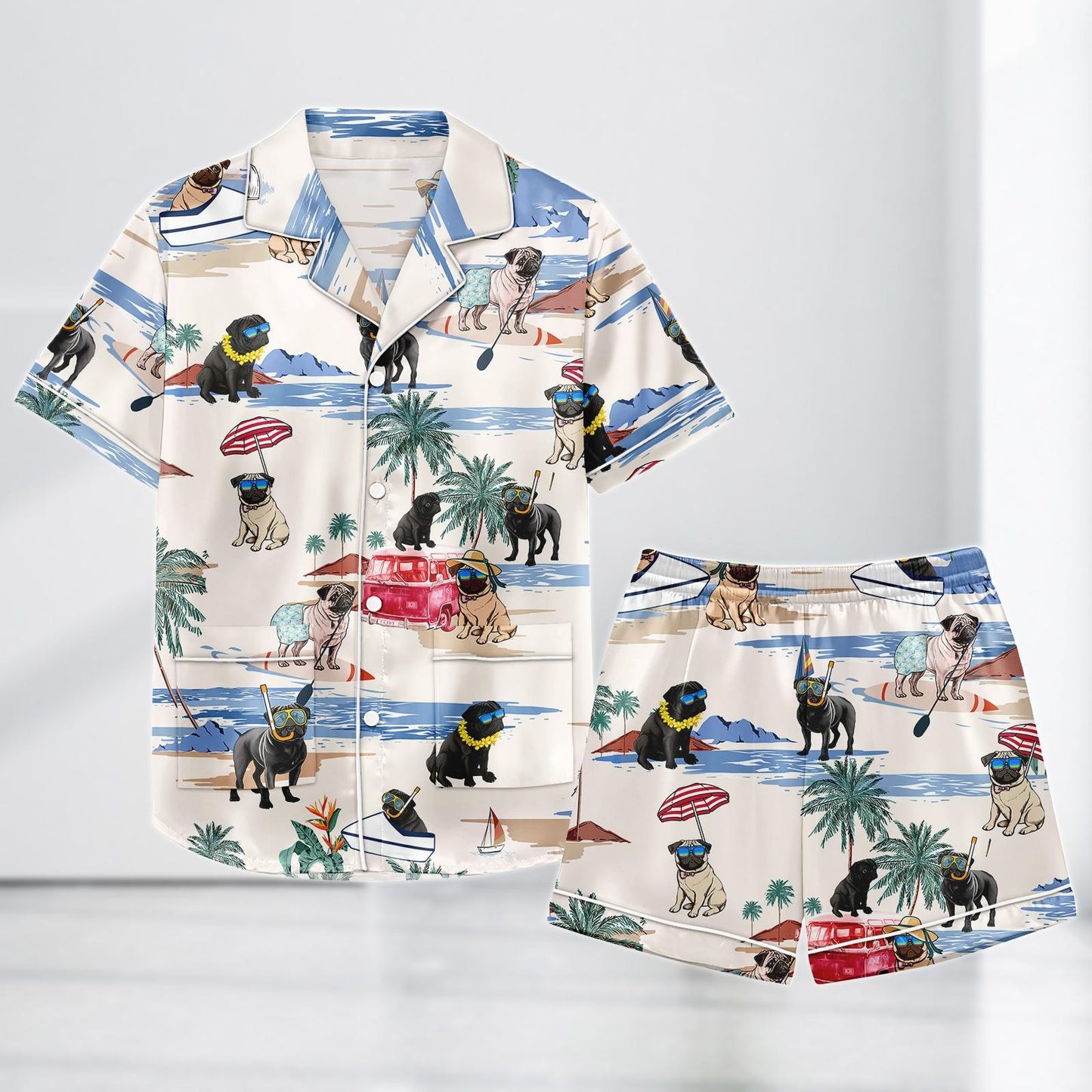 Pug Dog Summer Satin Pajamas, Beach Vacation Dog Print Sleepwear Set, Funny Pug Gift for Dog Lover, Pjs For Women