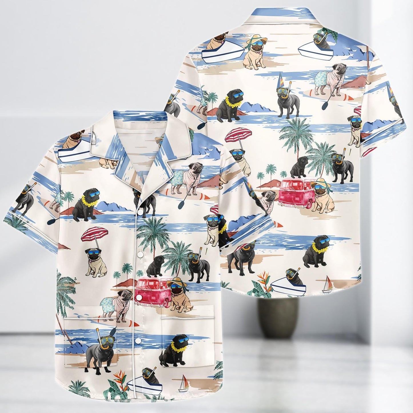 Pug Dog Summer Satin Pajamas, Beach Vacation Dog Print Sleepwear Set, Funny Pug Gift for Dog Lover, Pjs For Women