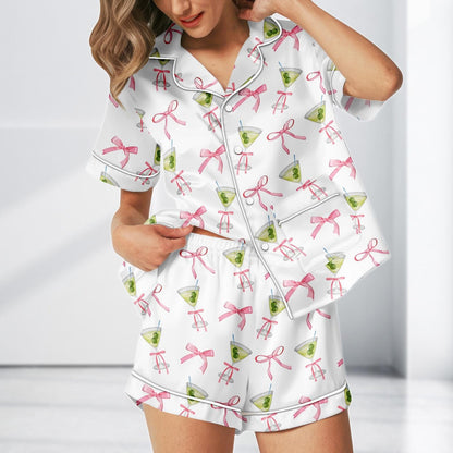 Cocktail Bow Satin Pajama Short, Pink Ribbon Loungewear, Cute Girly Party Summer Sleepwear Gift, Cocktail Satin Women Pjs