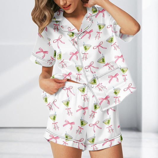 Cocktail Bow Satin Pajama Short, Pink Ribbon Loungewear, Cute Girly Party Summer Sleepwear Gift, Cocktail Satin Women Pjs