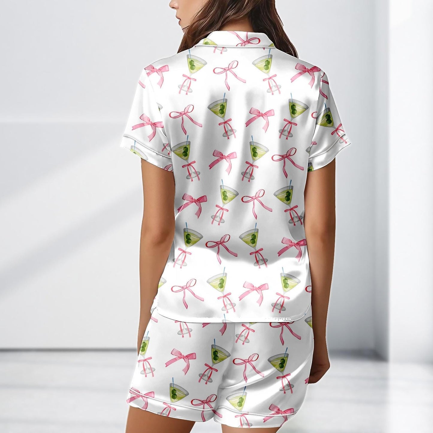 Cocktail Bow Satin Pajama Short, Pink Ribbon Loungewear, Cute Girly Party Summer Sleepwear Gift, Cocktail Satin Women Pjs