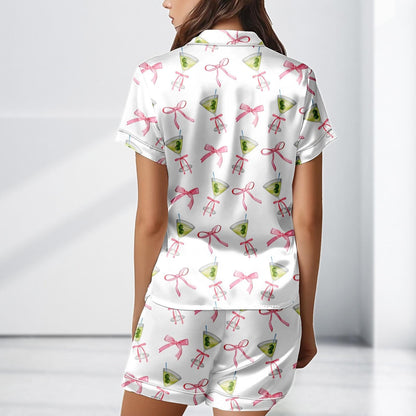 Cocktail Bow Satin Pajama Short, Pink Ribbon Loungewear, Cute Girly Party Summer Sleepwear Gift, Cocktail Satin Women Pjs