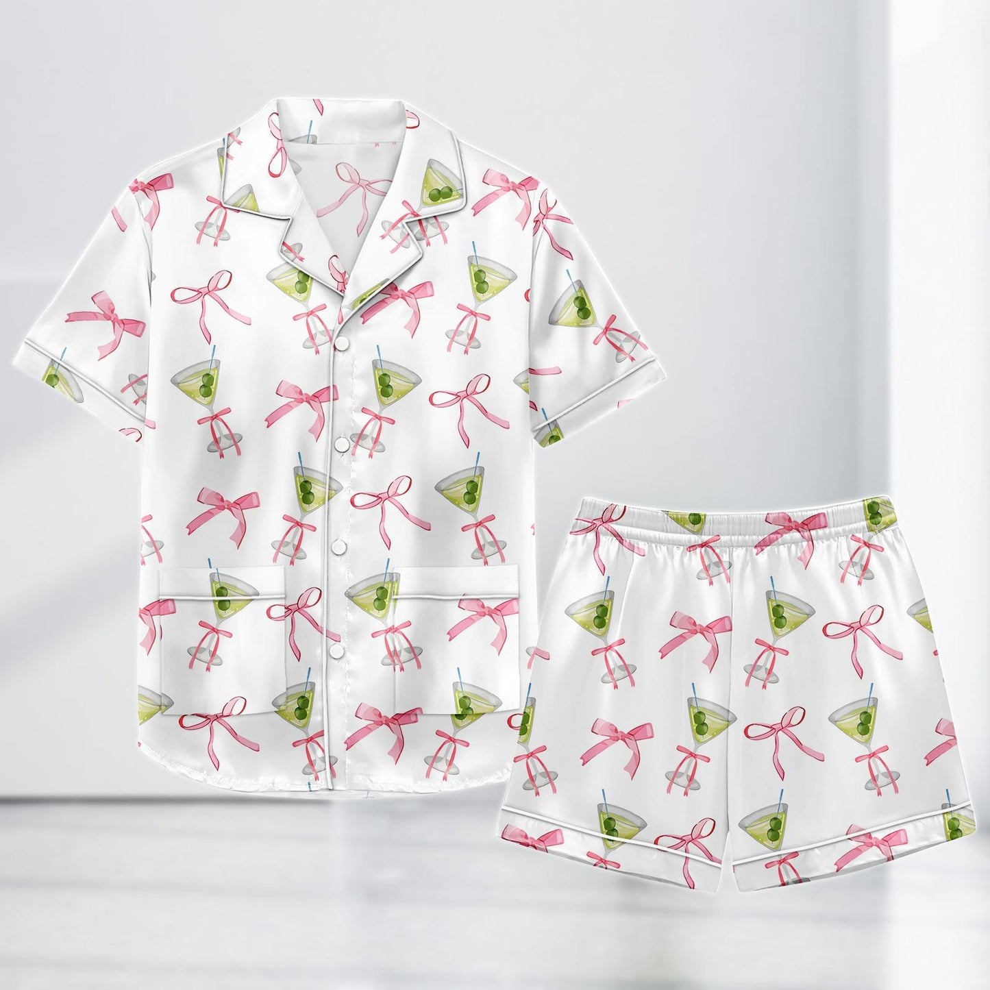 Cocktail Bow Satin Pajama Short, Pink Ribbon Loungewear, Cute Girly Party Summer Sleepwear Gift, Cocktail Satin Women Pjs