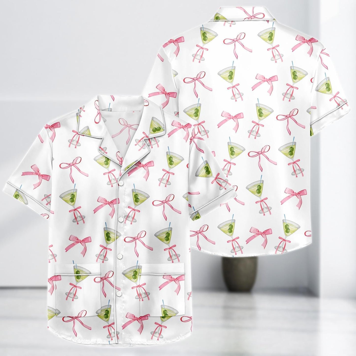 Cocktail Bow Satin Pajama Short, Pink Ribbon Loungewear, Cute Girly Party Summer Sleepwear Gift, Cocktail Satin Women Pjs