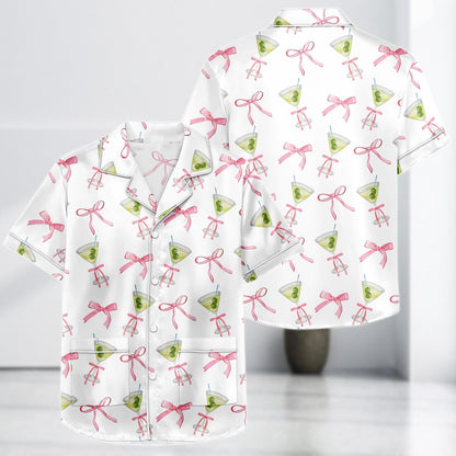 Cocktail Bow Satin Pajama Short, Pink Ribbon Loungewear, Cute Girly Party Summer Sleepwear Gift, Cocktail Satin Women Pjs