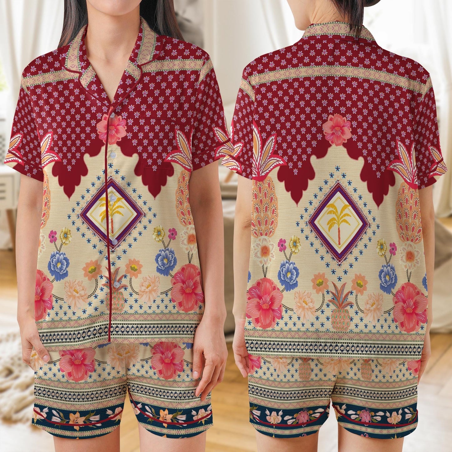 Tropical Flower Satin Pajamas Set, AOP Short Sleeve Women’s Summer Sleepwear, Lightweight Floral Loungewear, Cute Gift for Her