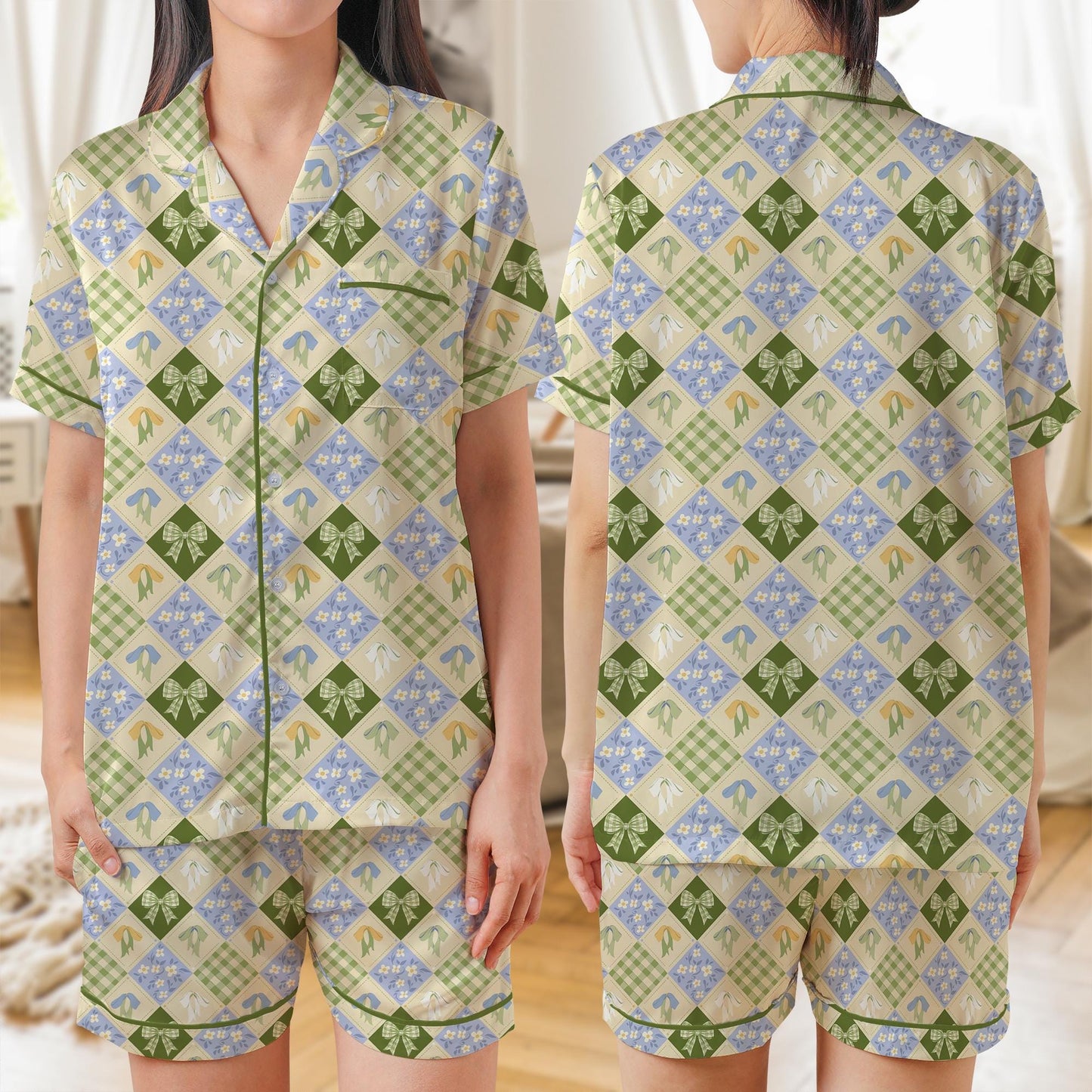 Gingham Check Ribbon Bows Satin Pajamas Set, AOP Short Sleeve Women’s Sleepwear, Cute Summer Loungewear