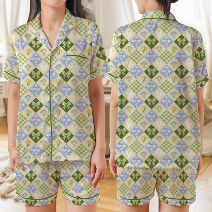 Gingham Check Ribbon Bows Satin Pajamas Set, AOP Short Sleeve Women’s Sleepwear, Cute Summer Loungewear