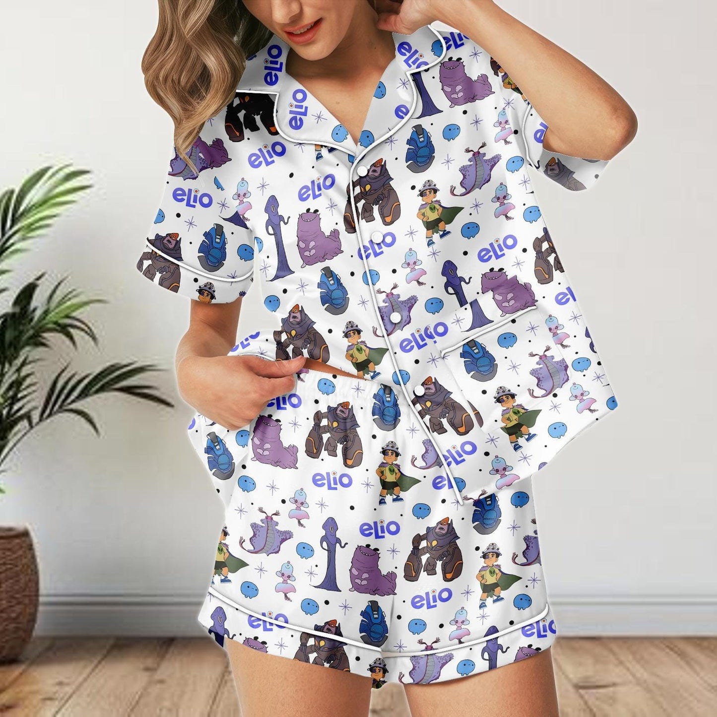 Elio Movie Satin Pajamas Shorts, Pixar Characters Sleepwear, Cute Lounge PJs for Women, Cartoon Summer Pajama Gift