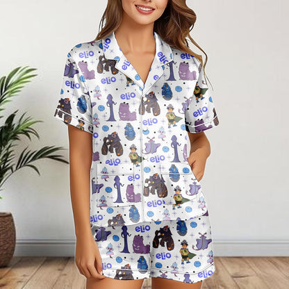 Elio Movie Satin Pajamas Shorts, Pixar Characters Sleepwear, Cute Lounge PJs for Women, Cartoon Summer Pajama Gift