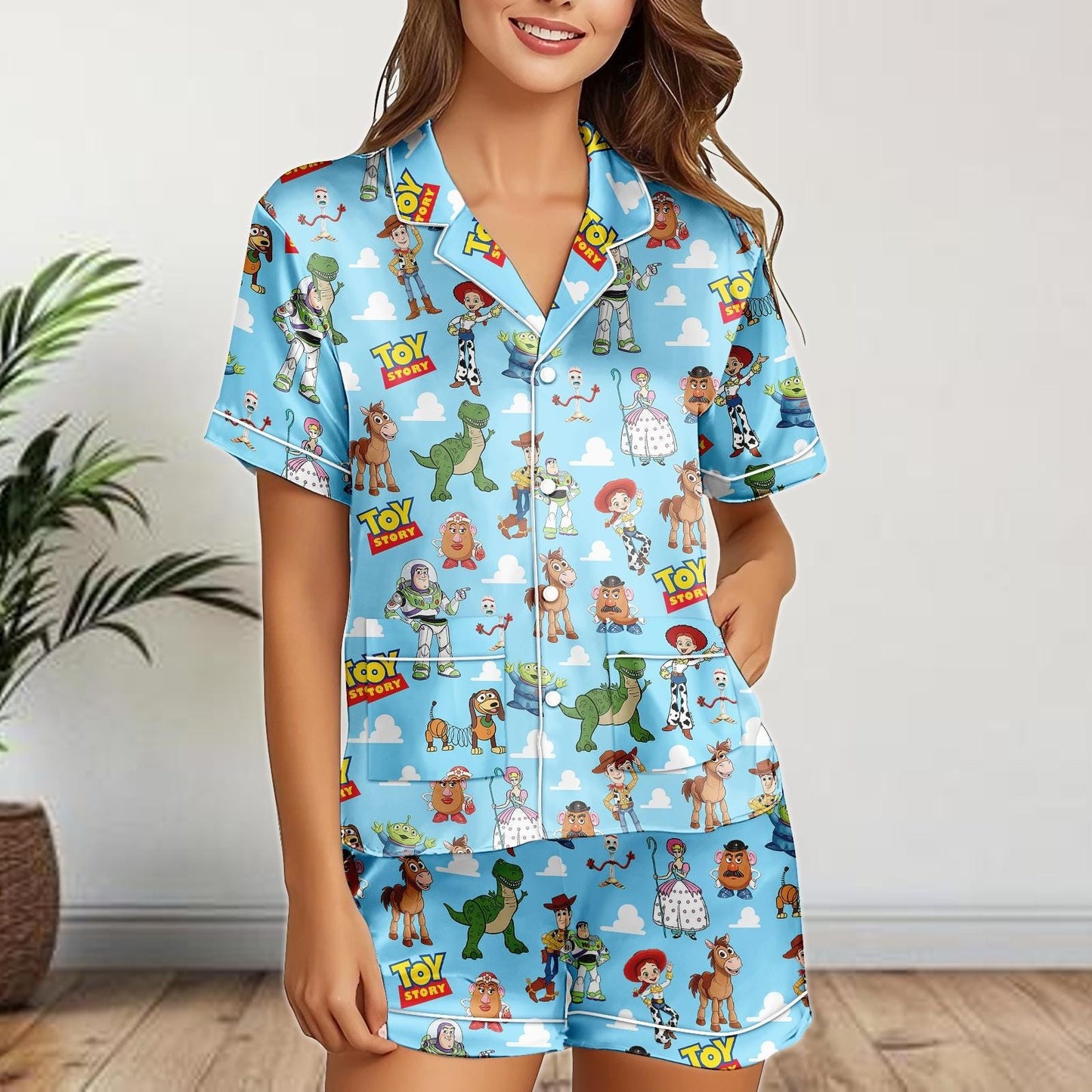 Toy Story Satin Pajamas Shorts Set, Pixar Characters Sleepwear, Women's Summer Lounge PJs, Cute Buzz and Woody Gift Set