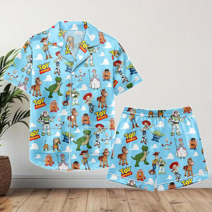 Toy Story Satin Pajamas Shorts Set, Pixar Characters Sleepwear, Women's Summer Lounge PJs, Cute Buzz and Woody Gift Set