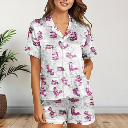 Cheshire Cat Comic Satin Pajamas Shorts, Alice in Wonderland Sleepwear, Funny Cartoon Satin PJs, Women's Lounge Set Gift