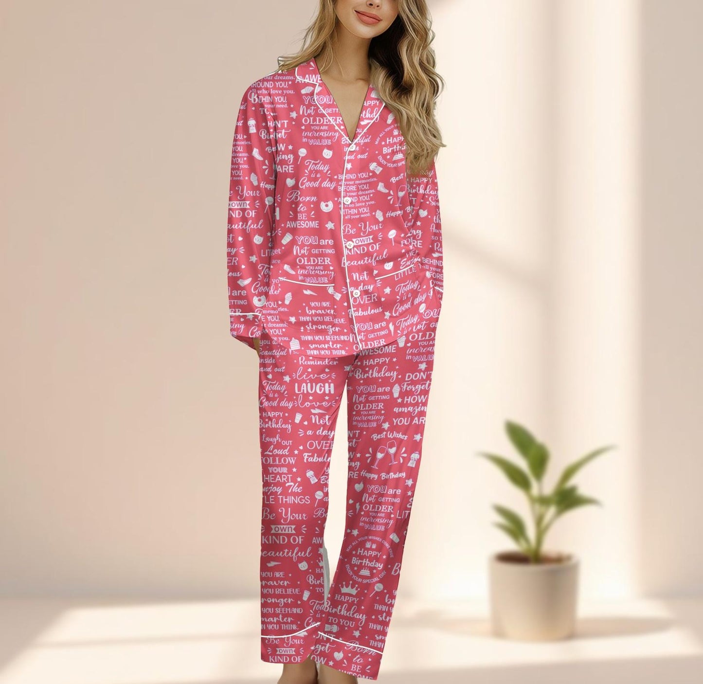 Funny Birthday Quote Satin Pajama Set, Pink Long Pants Sleepwear, Not Getting Older Pjs, Cute Party Loungewear, Birthday Gift For Her