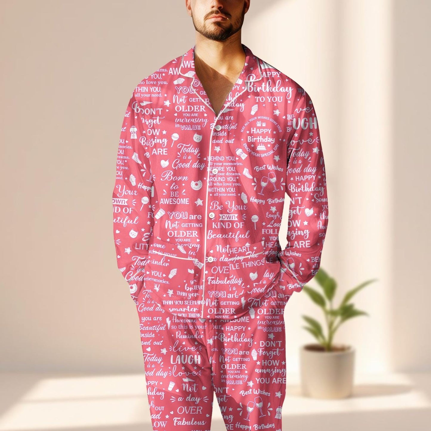 Funny Birthday Quote Satin Pajama Set, Pink Long Pants Sleepwear, Not Getting Older Pjs, Cute Party Loungewear, Birthday Gift For Her