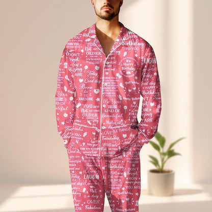 Funny Birthday Quote Satin Pajama Set, Pink Long Pants Sleepwear, Not Getting Older Pjs, Cute Party Loungewear, Birthday Gift For Her
